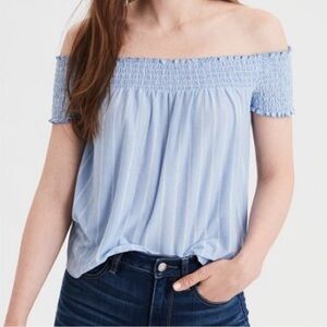 American Eagle Light Blue and white stripe Off-Shoulder Top, size XL